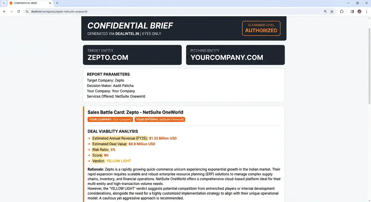 DealIntel sample report showing Deal Viability Score of 90, estimated revenue of $1.32 Billion, and strategic analysis for a prospect